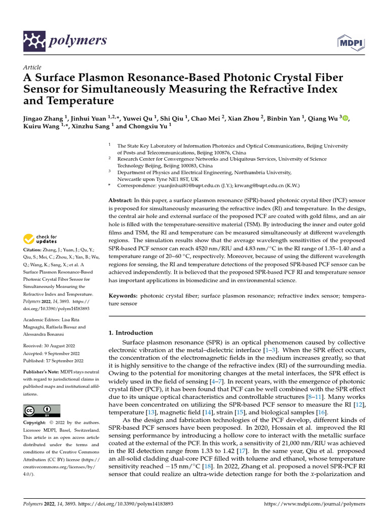 Polymers 14 03893 | PDF | Surface Plasmon Resonance | Physical Phenomena