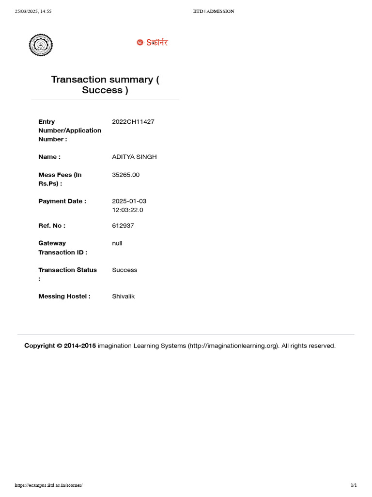 Mess Fees Payment Summary for Aditya Singh | PDF