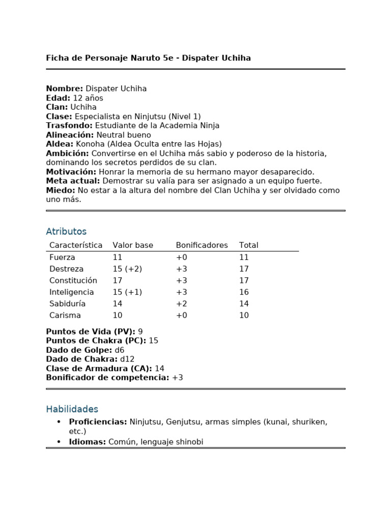 Ficha de Dispater Uchiha en D&D 5e | PDF