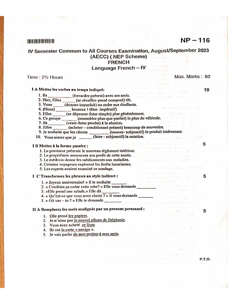 French Question Paper 4th Semester | PDF