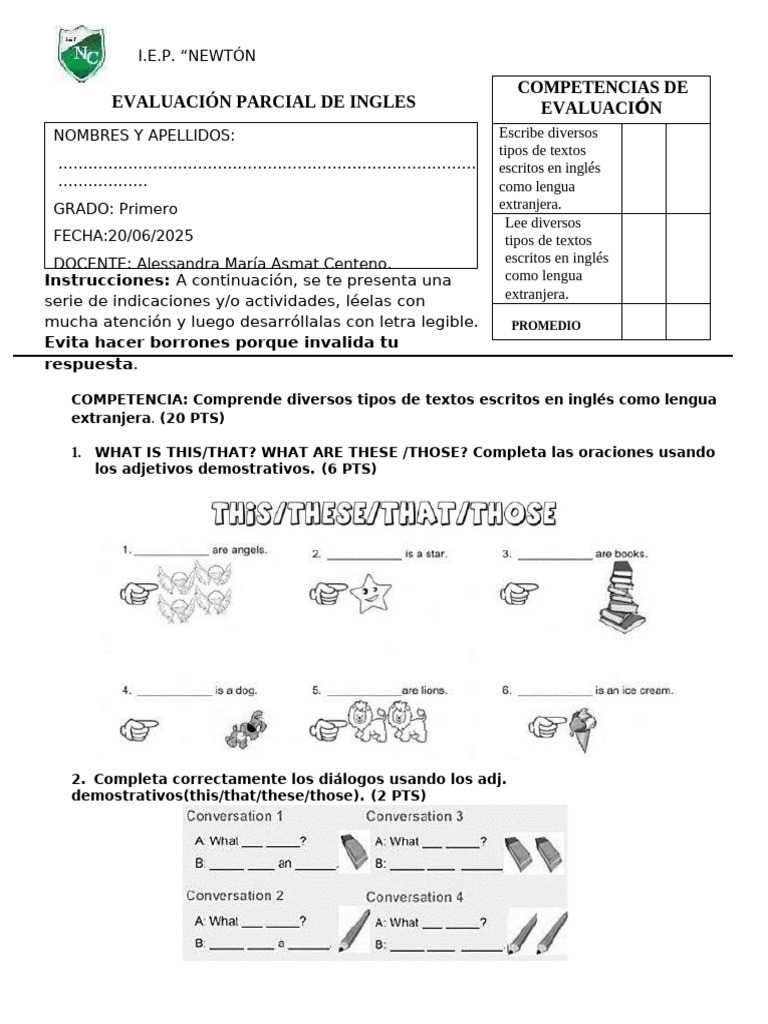 Evaluación Parcial de Inglés 1ero Sec | PDF