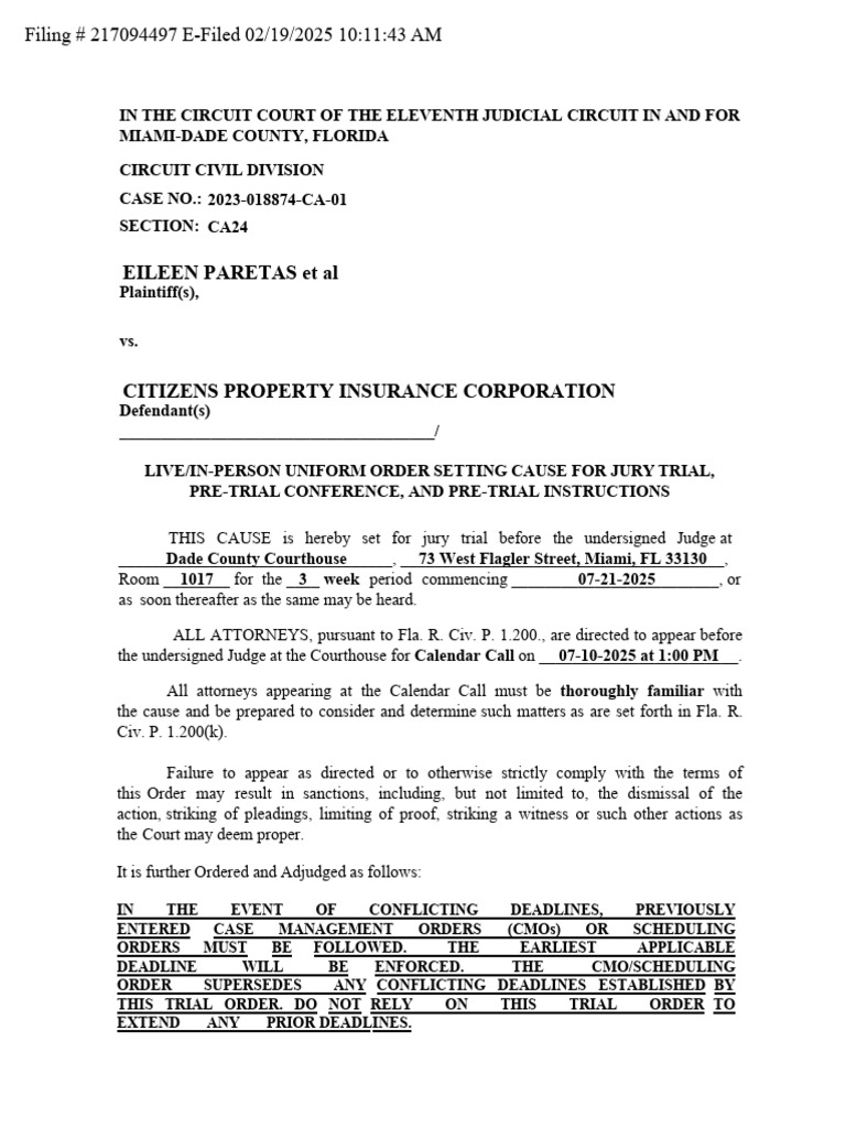 Jury Trial Order for Miami-Dade Court | PDF | Discovery (Law) | Expert ...