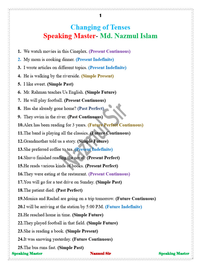 Mastering English Tenses with Examples | PDF | Language Mechanics | Grammar