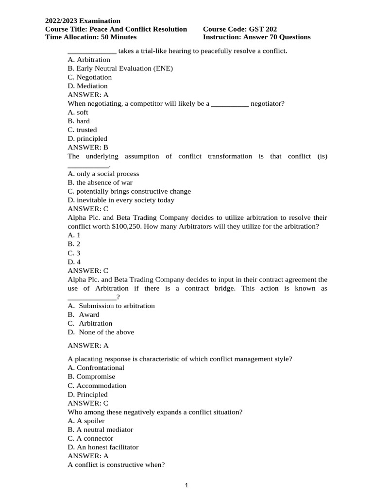 Peace and Conflict Resolution Exam 2022 | PDF | Mediation | Alternative ...