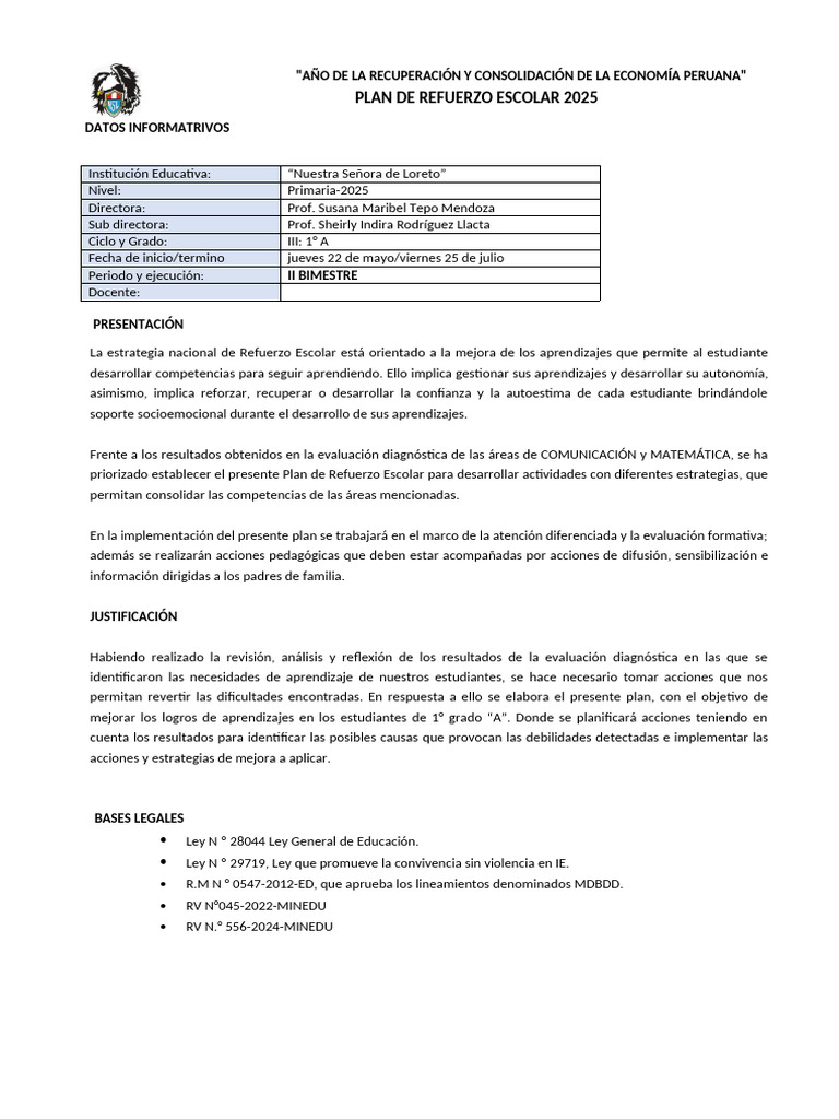 Plan de Refuerzo Escolar 2025 en Perú | PDF | Evaluación | Aprendizaje