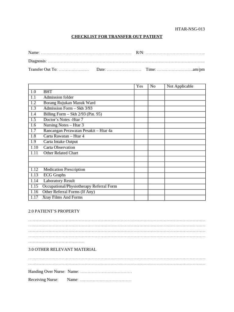 Transfer Out Patient Checklist | PDF