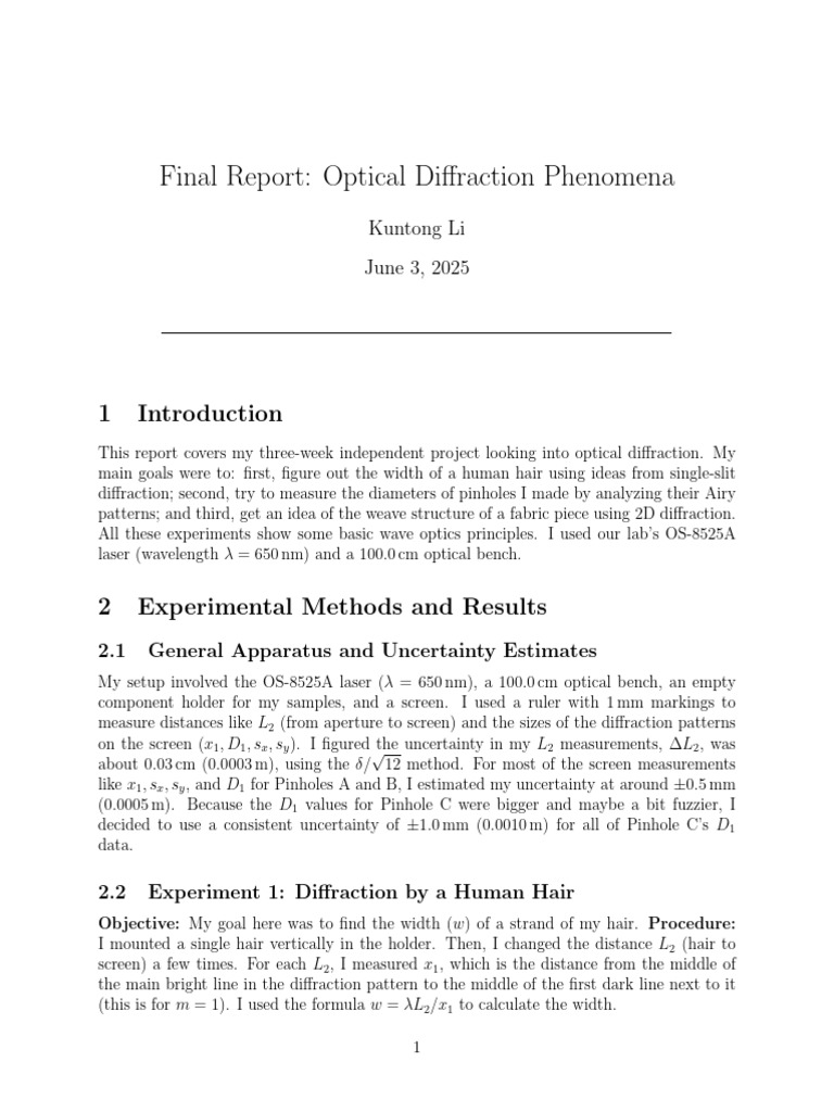 Phys 20CL Final Project | PDF | Optics | Diffraction