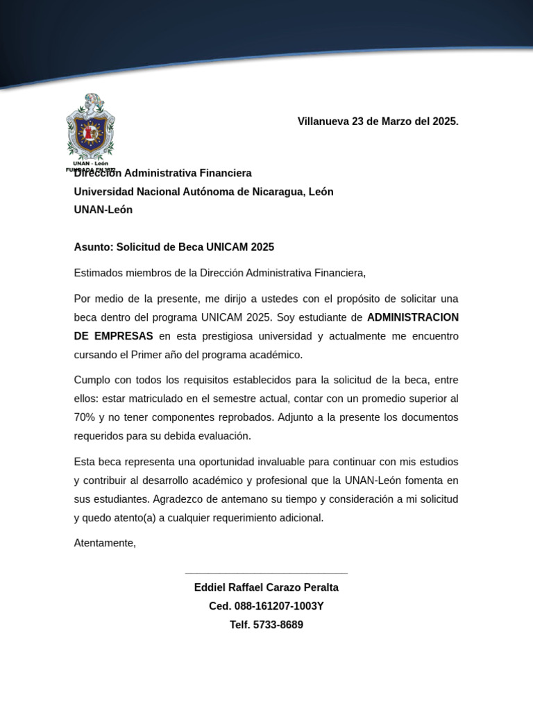 Solicitud Beca UNICAM 2025 UNAN-León | PDF