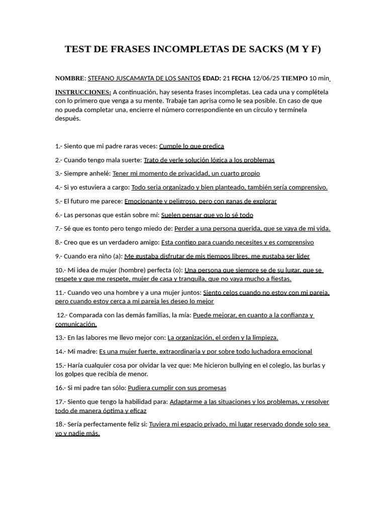 Test de Frases Incompletas Sacks 2025 | PDF