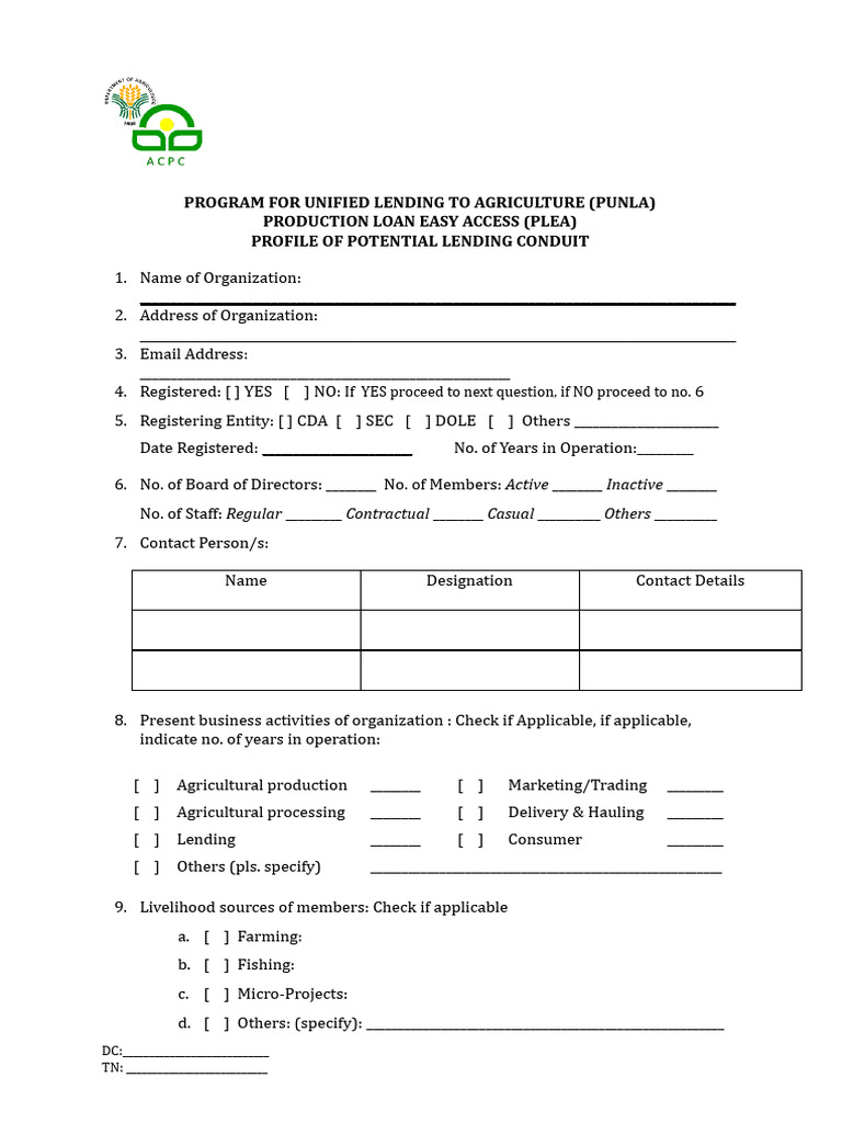 PUNLA Lending Conduit Profile Form | PDF | Loans | Credit