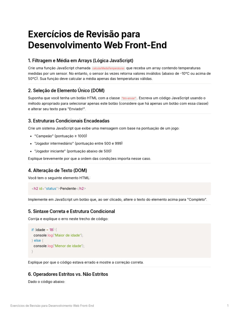 Exercícios JavaScript para Front-End | PDF | Script Java | Modelo de ...