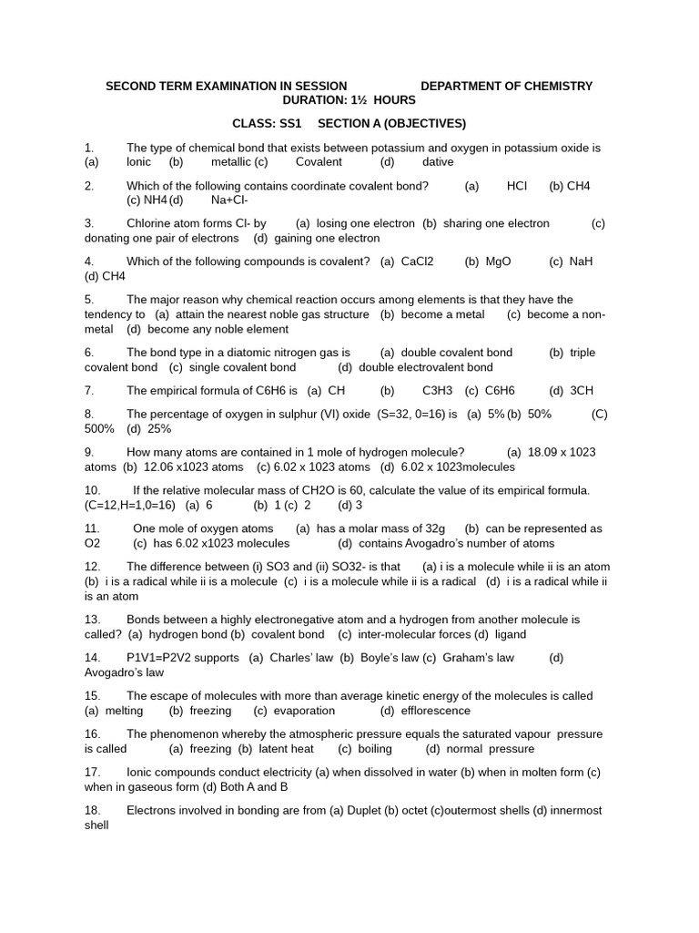 SS1 & SS2 Chemistry Exam Questions | PDF | Reaction Rate | Molecules