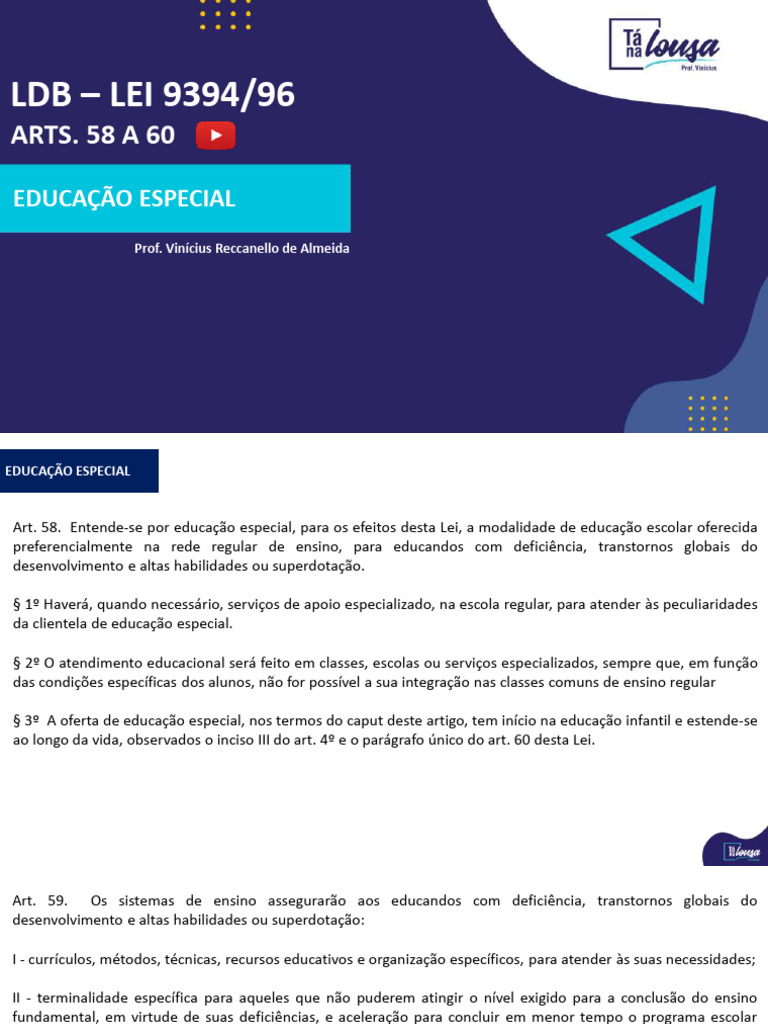 LDB: Artigos 58 a 60 sobre Educação Especial | PDF | Educação Especial ...