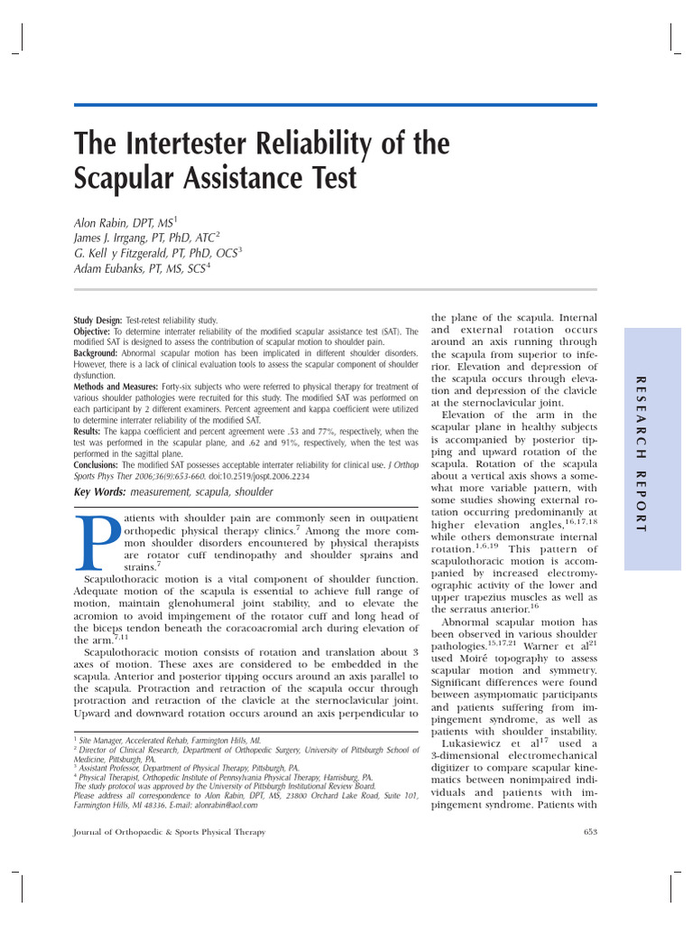 Interrater Reliability of Scapular Test | PDF | Shoulder ...
