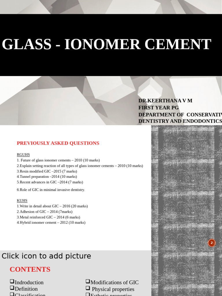 Overview of Glass Ionomer Cement | PDF | Dental Material | Materials