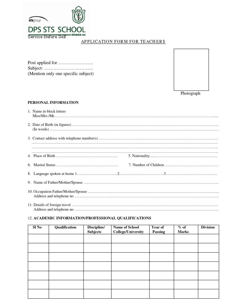 Application Form For Teachers | PDF | Science | Academia