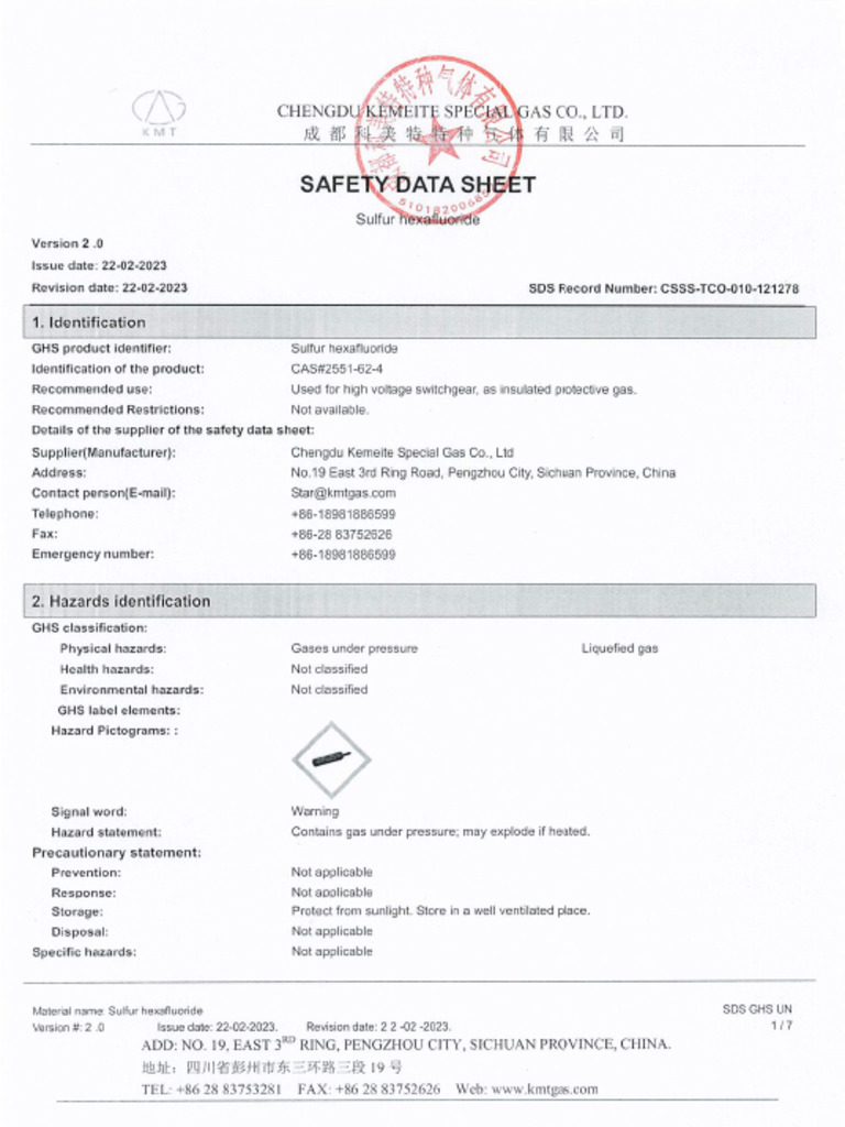 MSDS (SF6) 2023 - 1 | PDF