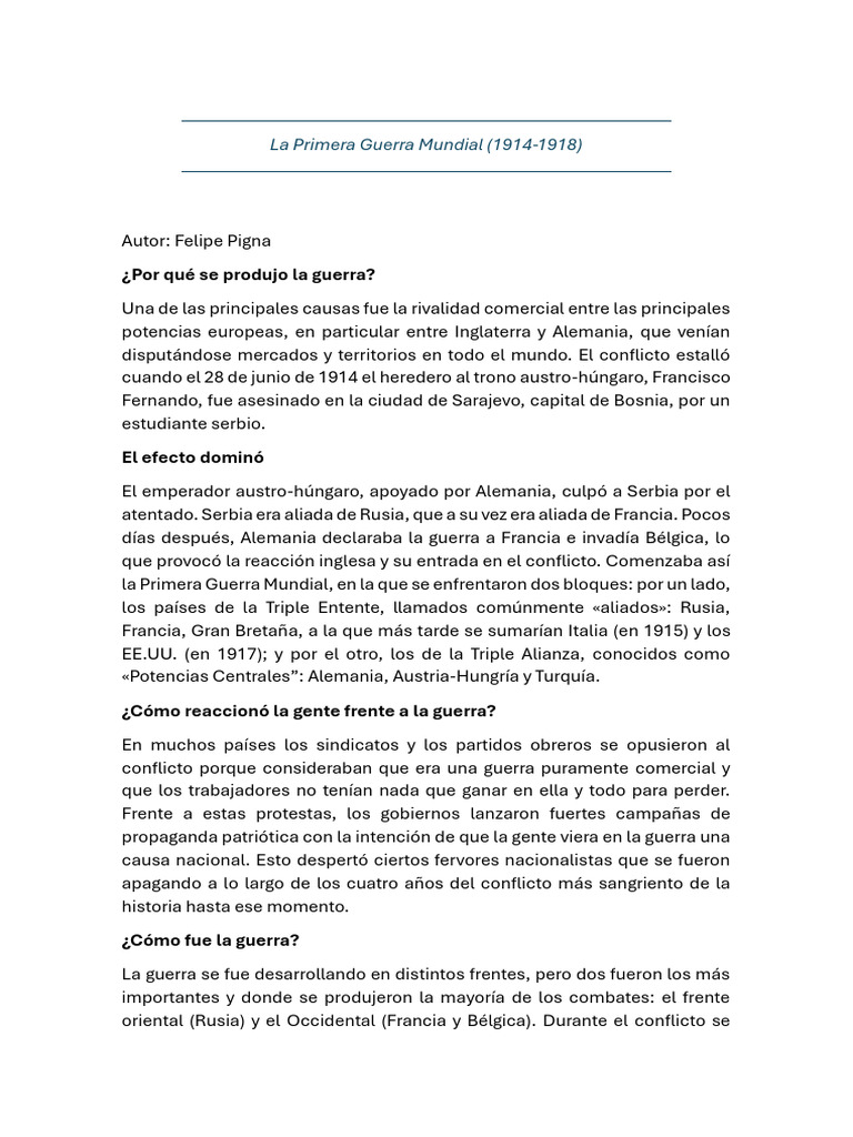 Causas y consecuencias de la Primera Guerra Mundial | PDF | Primera ...
