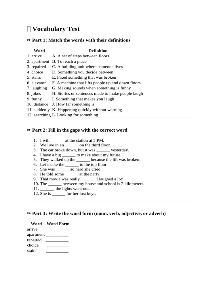 Vocabulary Test: Word Matching & Gaps | PDF
