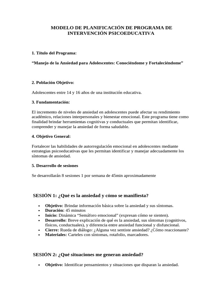 Esquema de Programa de Ansiedad en Word | PDF | Ansiedad | Las emociones
