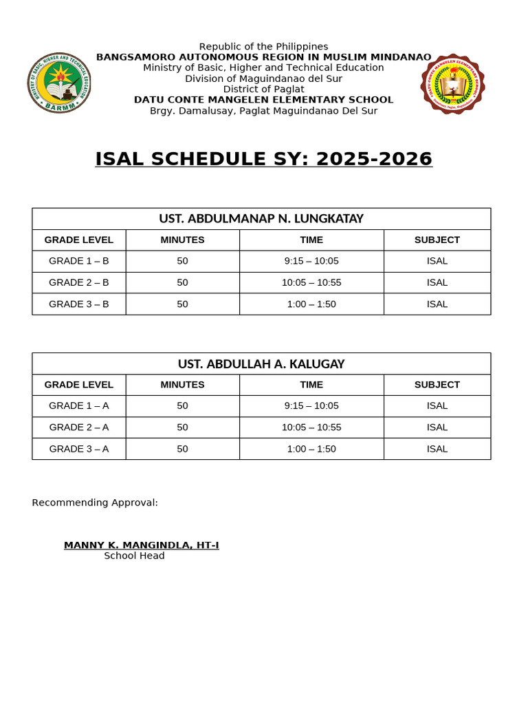 Isal Schedule | PDF