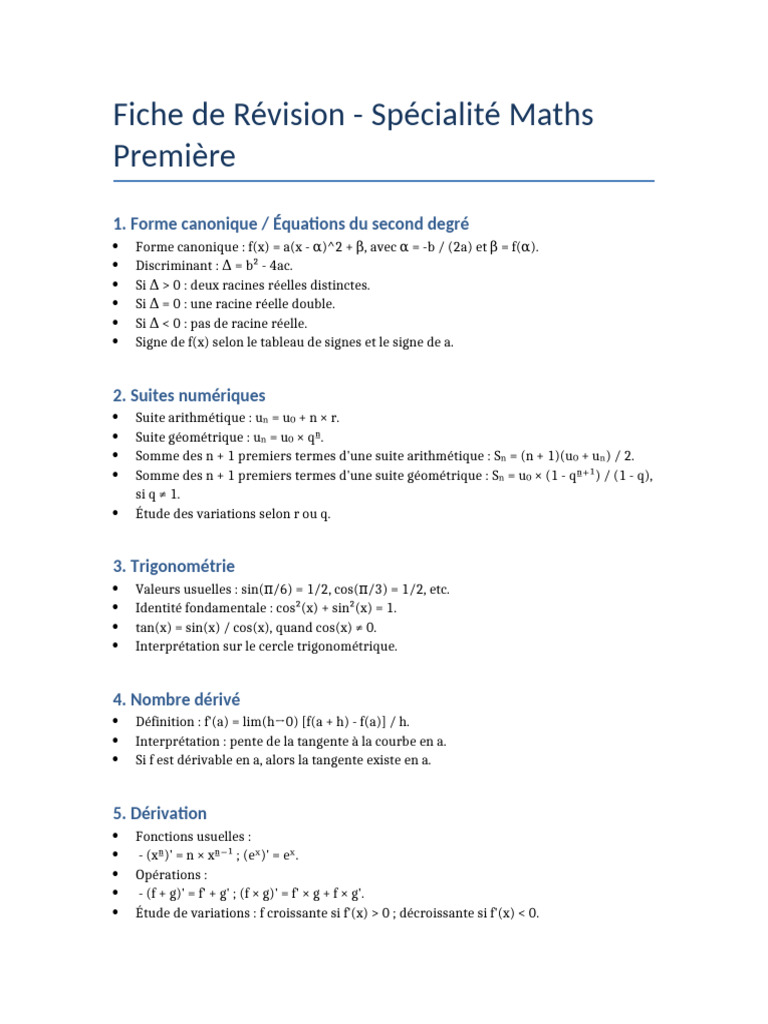 Fiche de Révision Maths Première | PDF