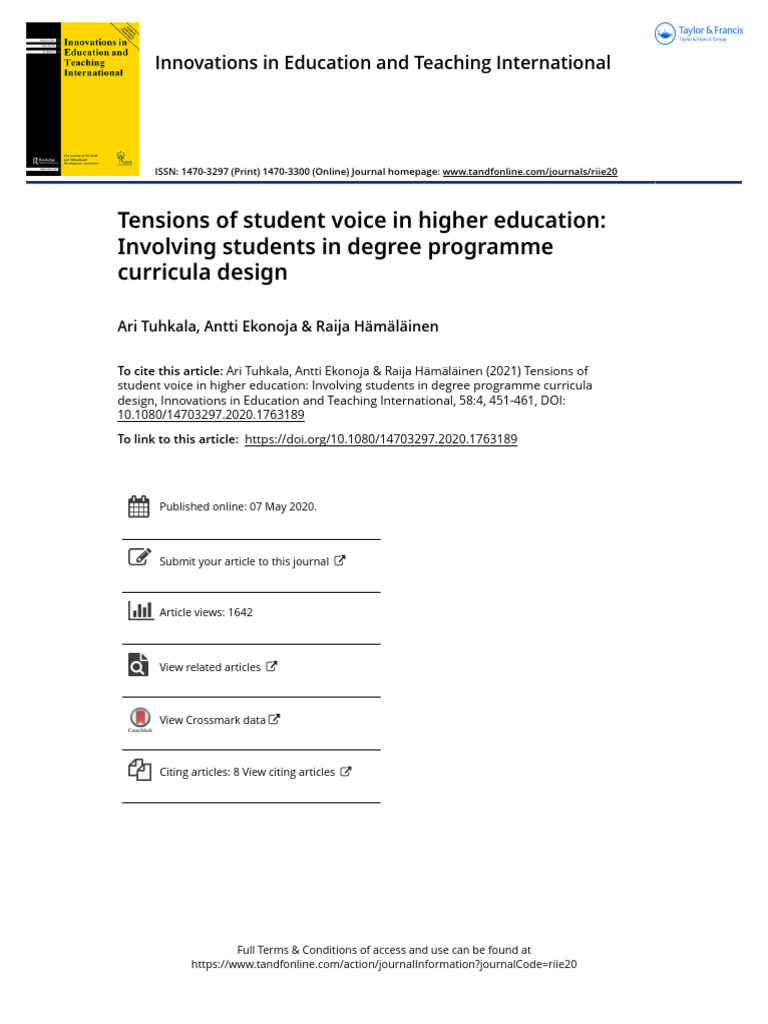 WOS Tensions of Student Voice in Higher Education Involving Students in ...
