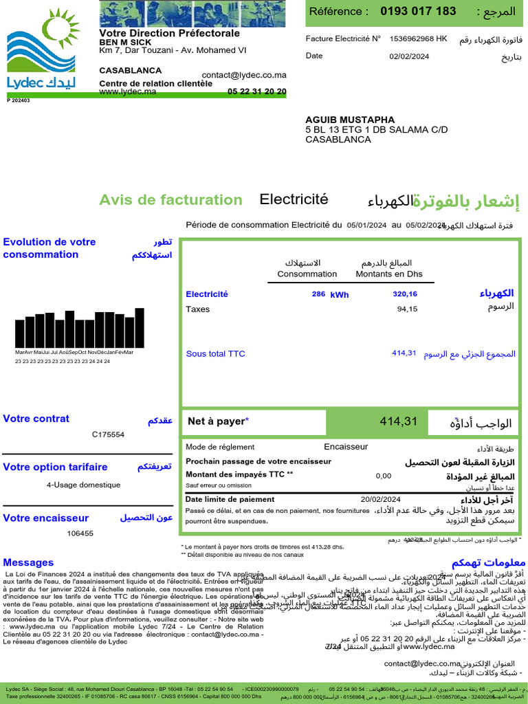 Facture Lydec : Informations et Paiement | PDF | Taxe sur la valeur ...