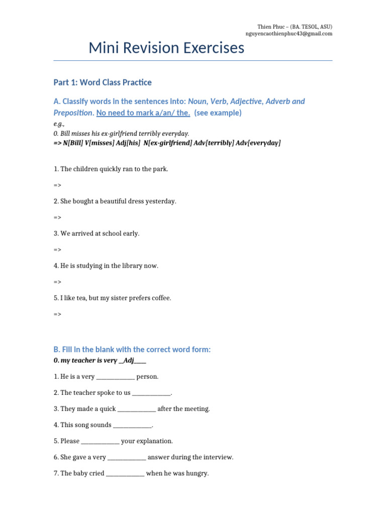 Word Class and Sentence Structure Exercises | PDF | Verb | Part Of Speech