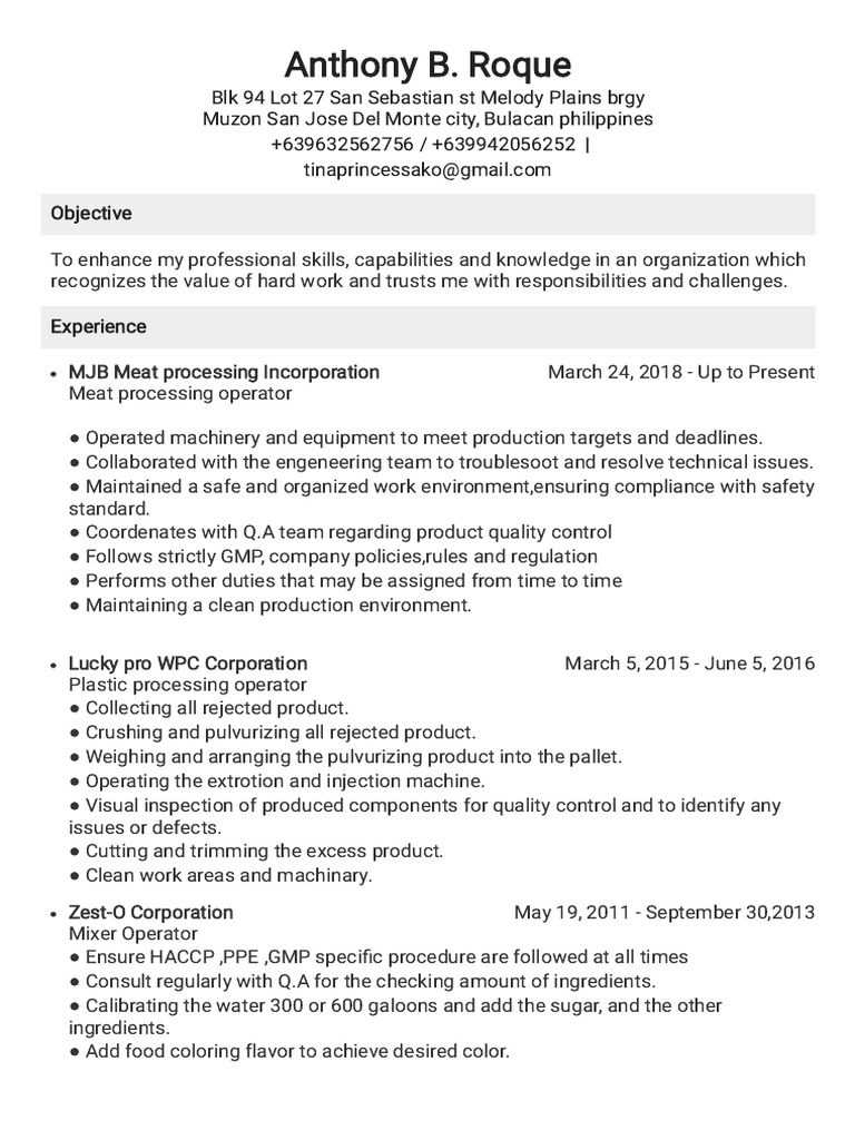 MJB Meat Processing Operator Resume | PDF | Hazard Analysis And ...