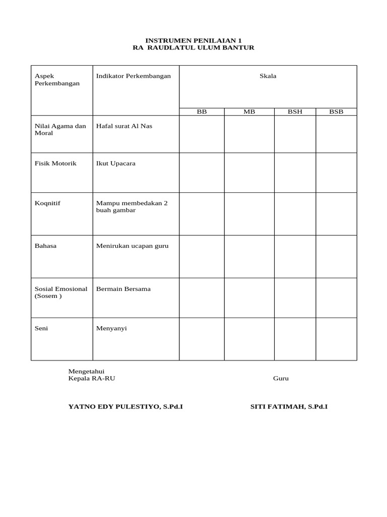 Instrumen Penilaian RA Raudlatul Ulum | PDF
