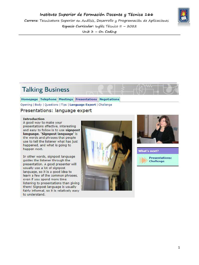 Unit 3 - Presentations - Signpost Language 1 | PDF