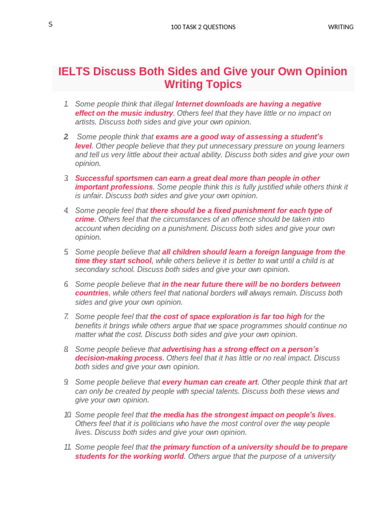 100 IELTS Writing Task 2 Topics | PDF | Punishments