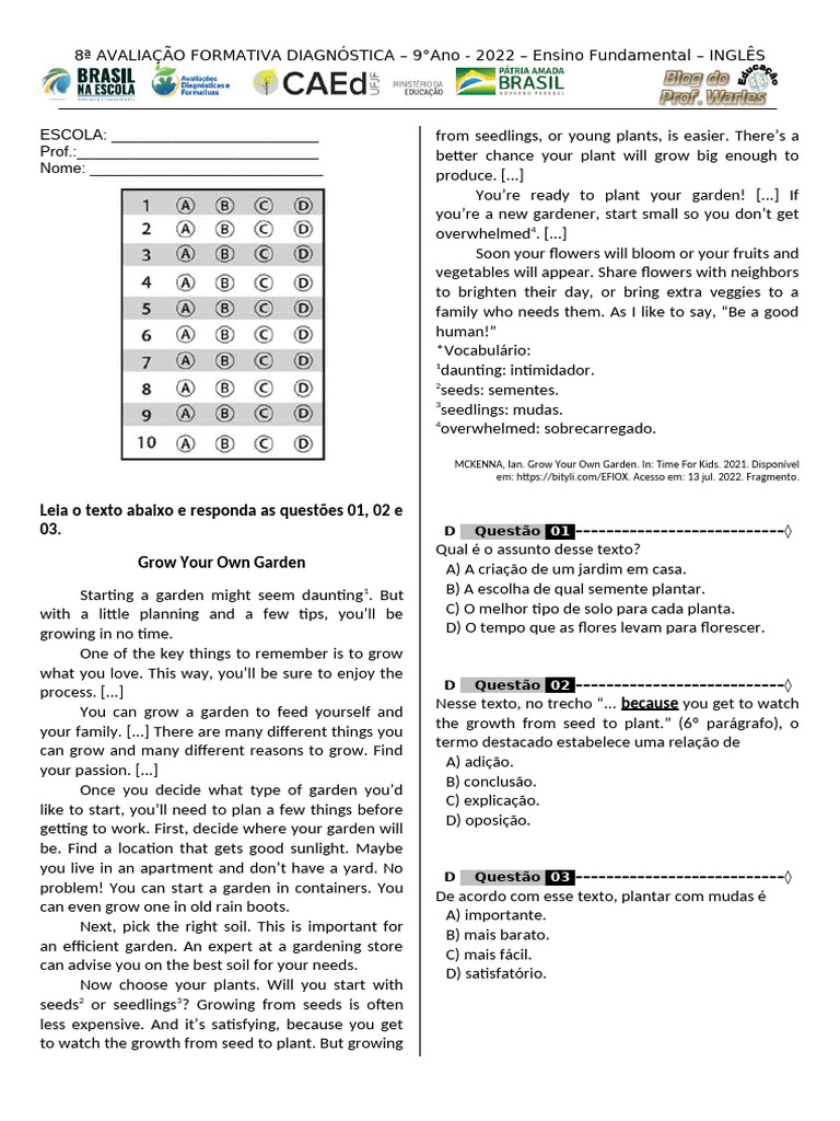 9th Grade English Diagnostic Assessment | PDF | Horticultural ...