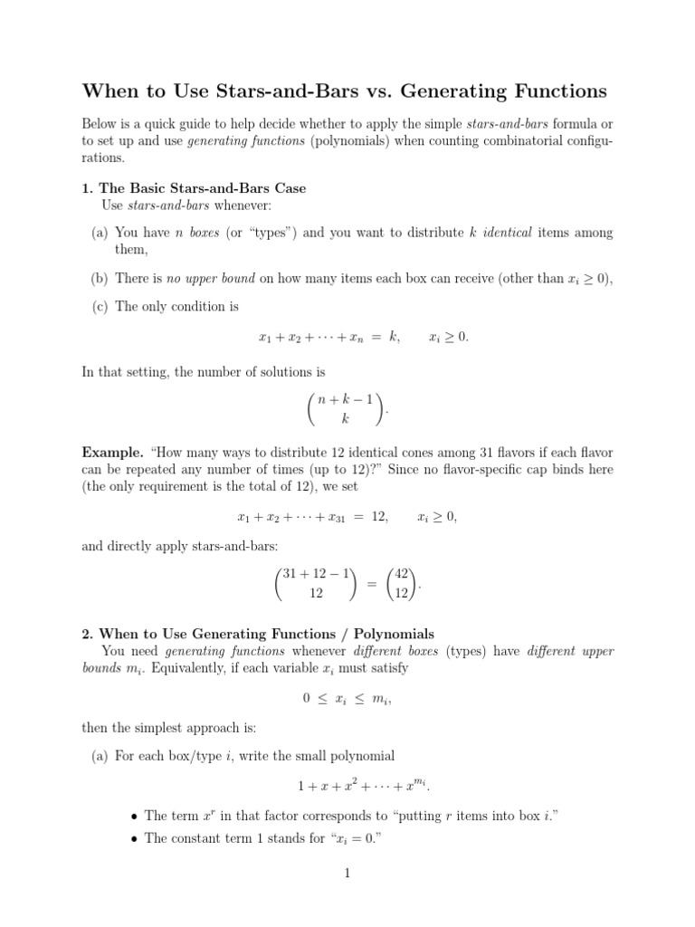 Stars-and-Bars vs. Generating Functions Guide | PDF | Polynomial ...