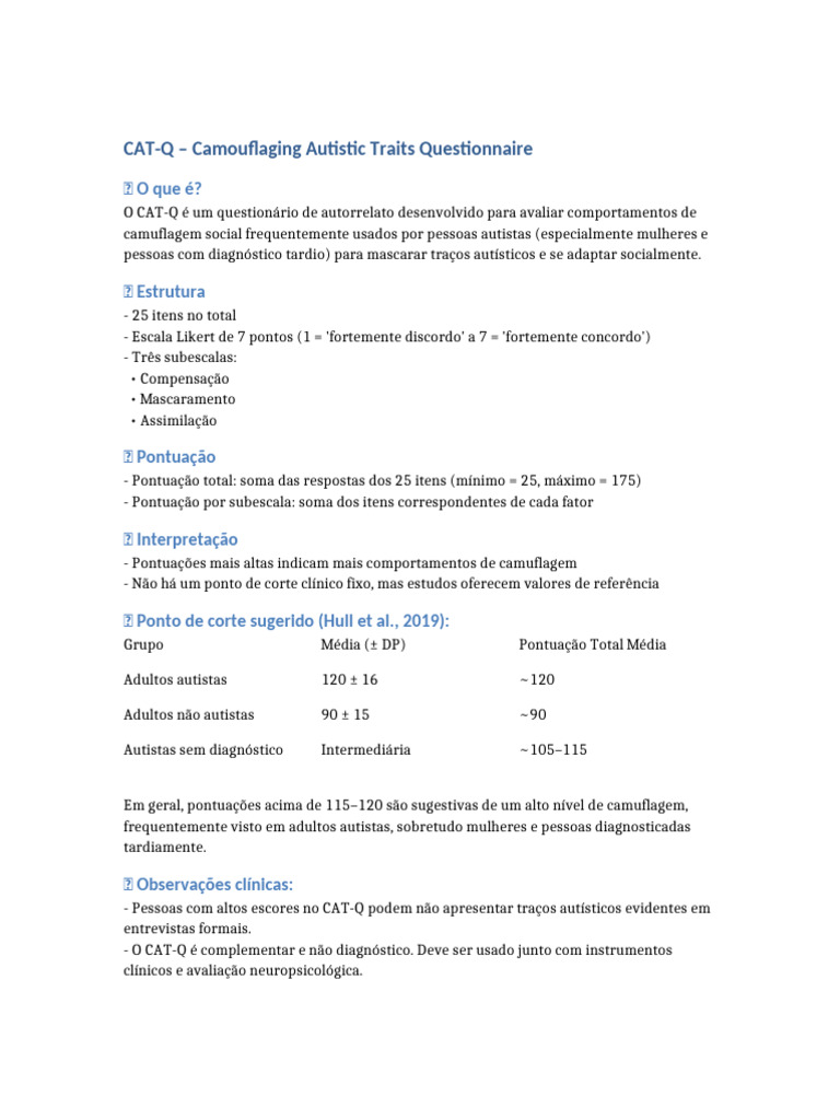 Questionário CAT-Q sobre Camuflagem Autística | PDF