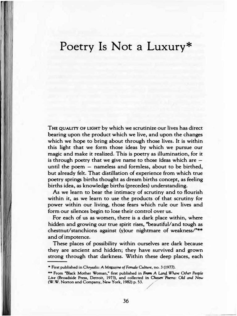 Lorde, Audre Poetry Is Not A Luxury PDF Cognition