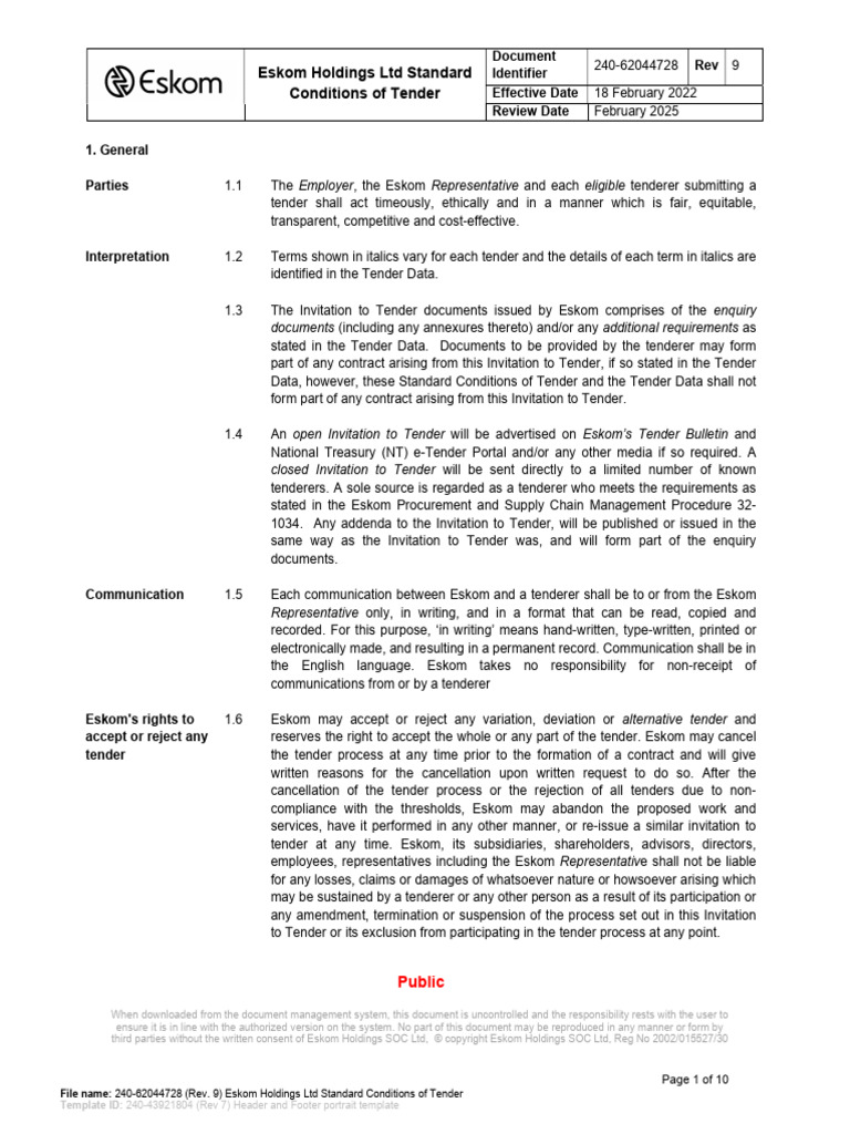 Eskom Standard Tender Conditions Rev 9 | PDF | Specification (Technical ...