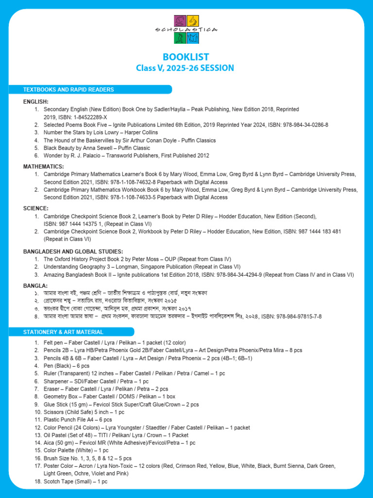Class 5 Textbook List 2025-26 | PDF
