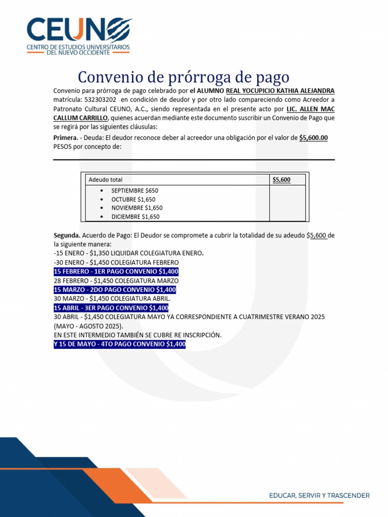 Convenio de Prórroga de Pago Estudiantil | PDF
