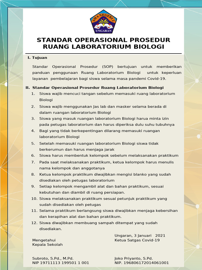SOP Laboratorium Biologi SMADA | PDF