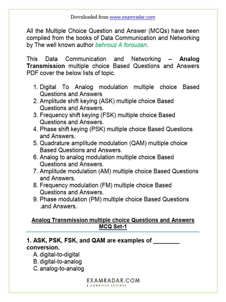 CH 5 Analog Transmission Multiple Choice Questions and Answers MCQ PDF ...
