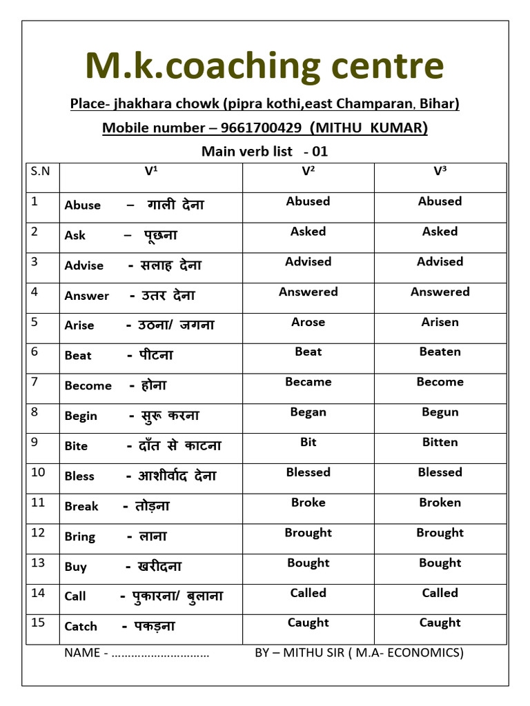 Main Verb List - 1 | PDF