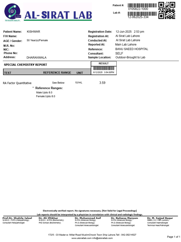 RA Factor Test Report for Kishwar | PDF | Health Sciences | Life Sciences