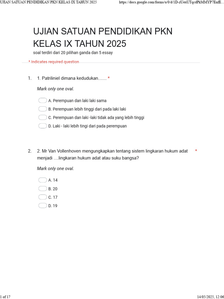 Ujian PKN Kelas IX Tahun 2025 | PDF