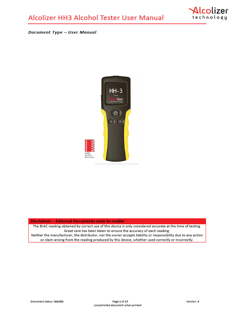 Alcolizer HH3 Alcohol Tester User Manual v8 | PDF | Battery Charger ...