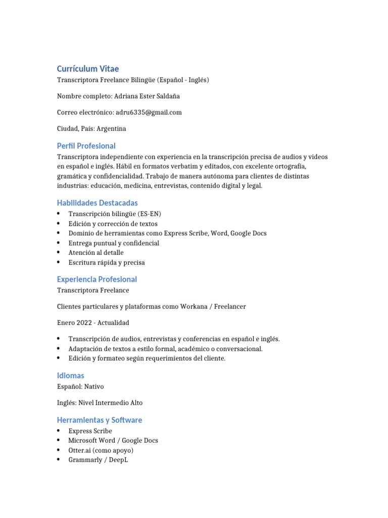 CV Transcriptora Freelance | PDF