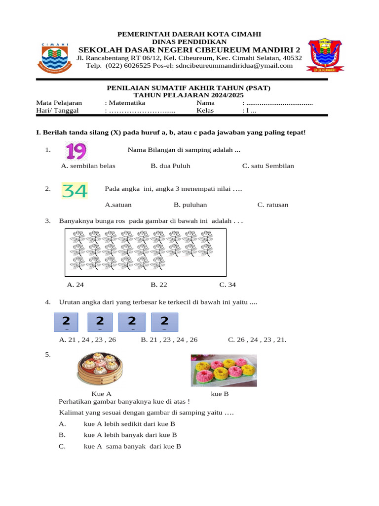 Soal Matematika PSAT Kelas I 2024/2025 | PDF