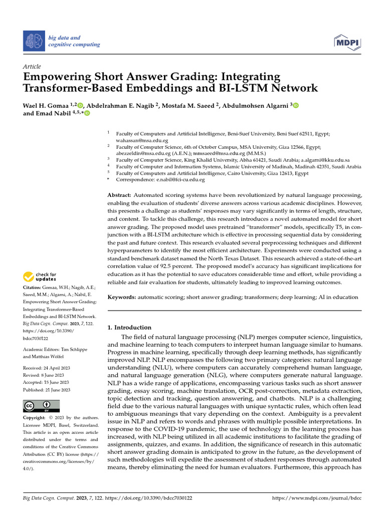 Short Answer Grading with Transformers | PDF | Deep Learning | Cognition