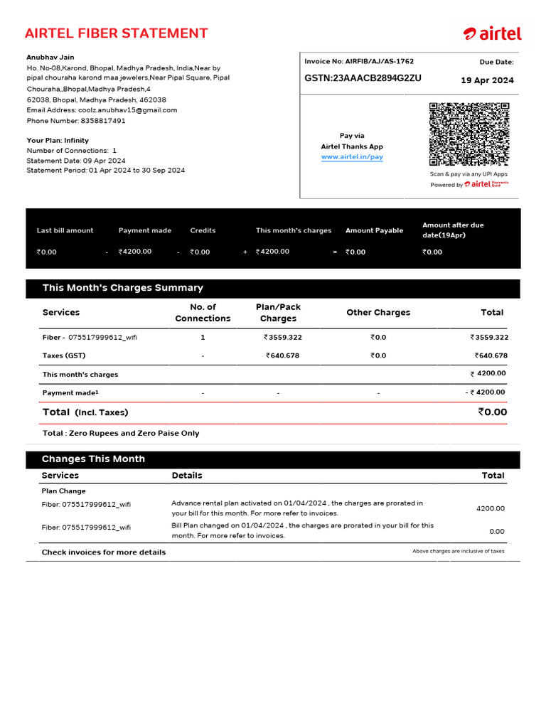 Airtel Fiber Statement for Anubhav Jain | PDF | Credit Card | Debit Card
